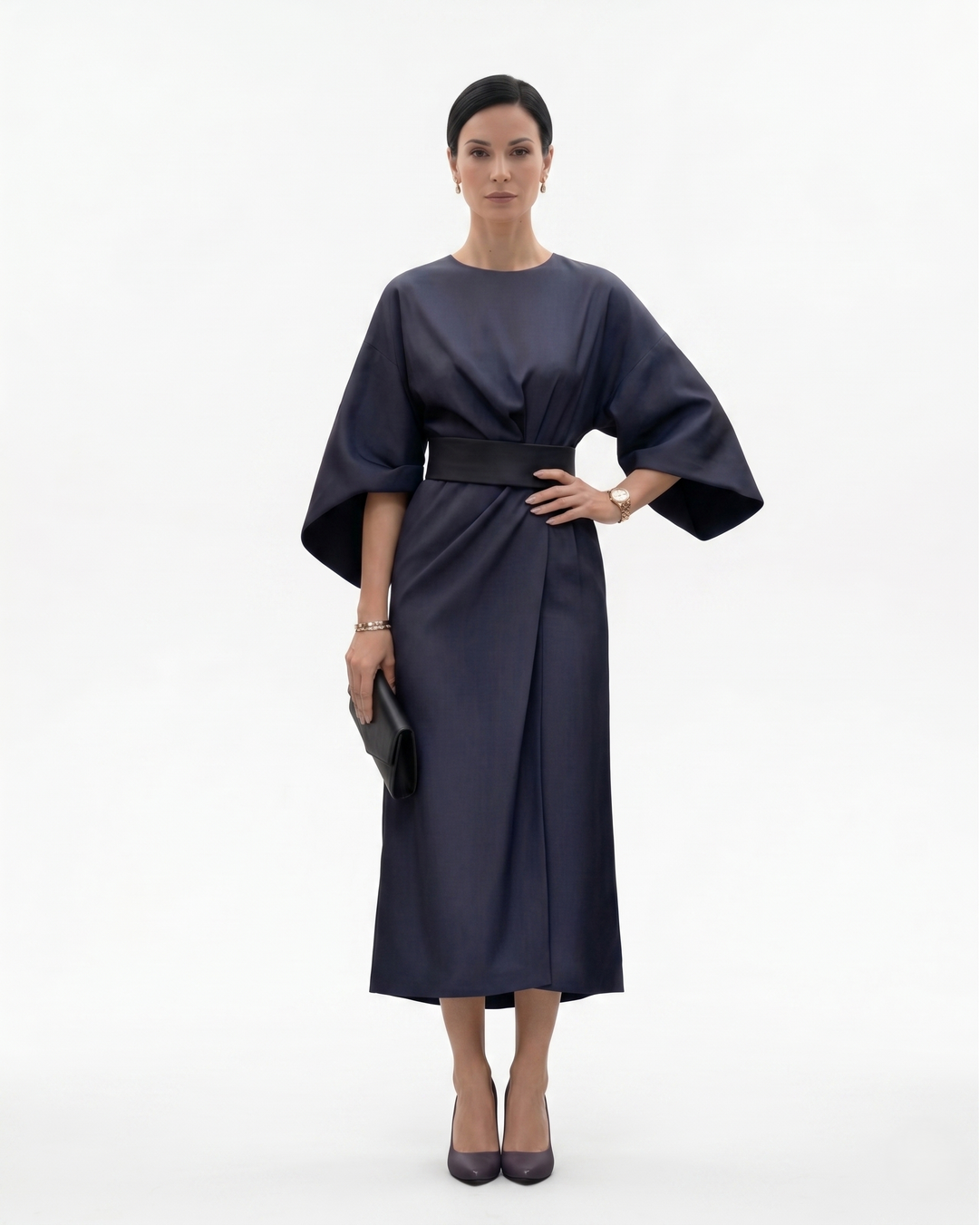 Womens Midi Dress with Batwing Sleeves and Belted Waist