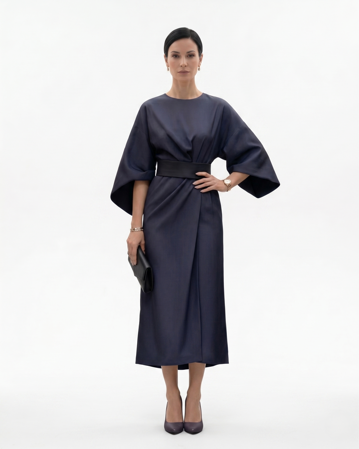 Womens Midi Dress with Batwing Sleeves and Belted Waist