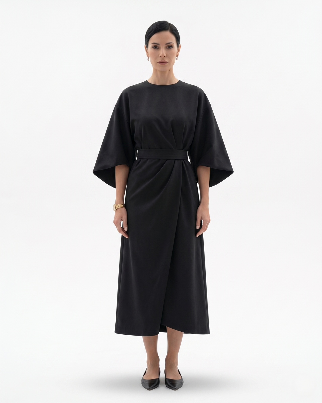 Womens Midi Dress with Batwing Sleeves and Belted Waist