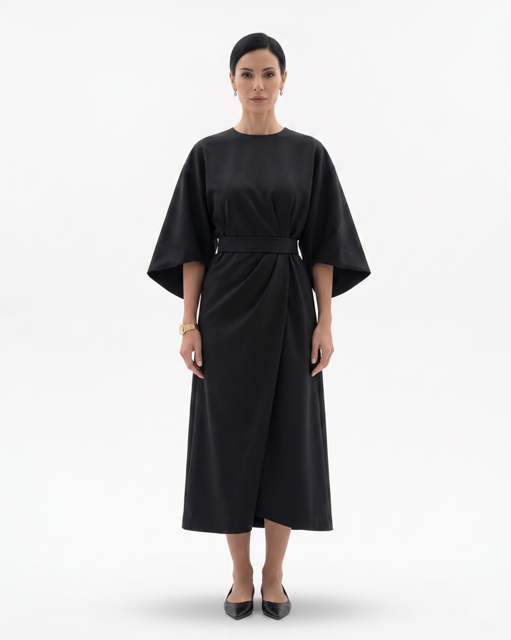 Womens Midi Dress with Batwing Sleeves and Belted Waist