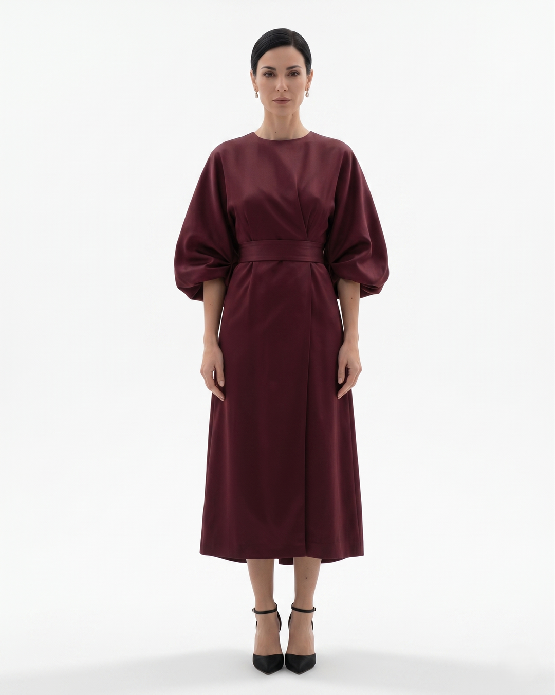 Womens Midi Dress with Batwing Sleeves and Belted Waist