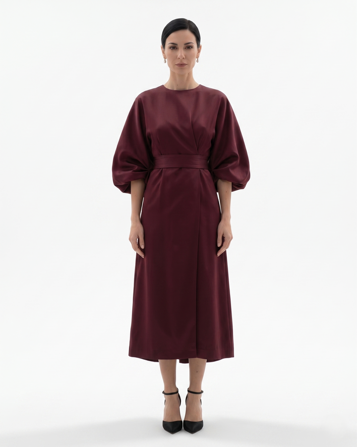Womens Midi Dress with Batwing Sleeves and Belted Waist