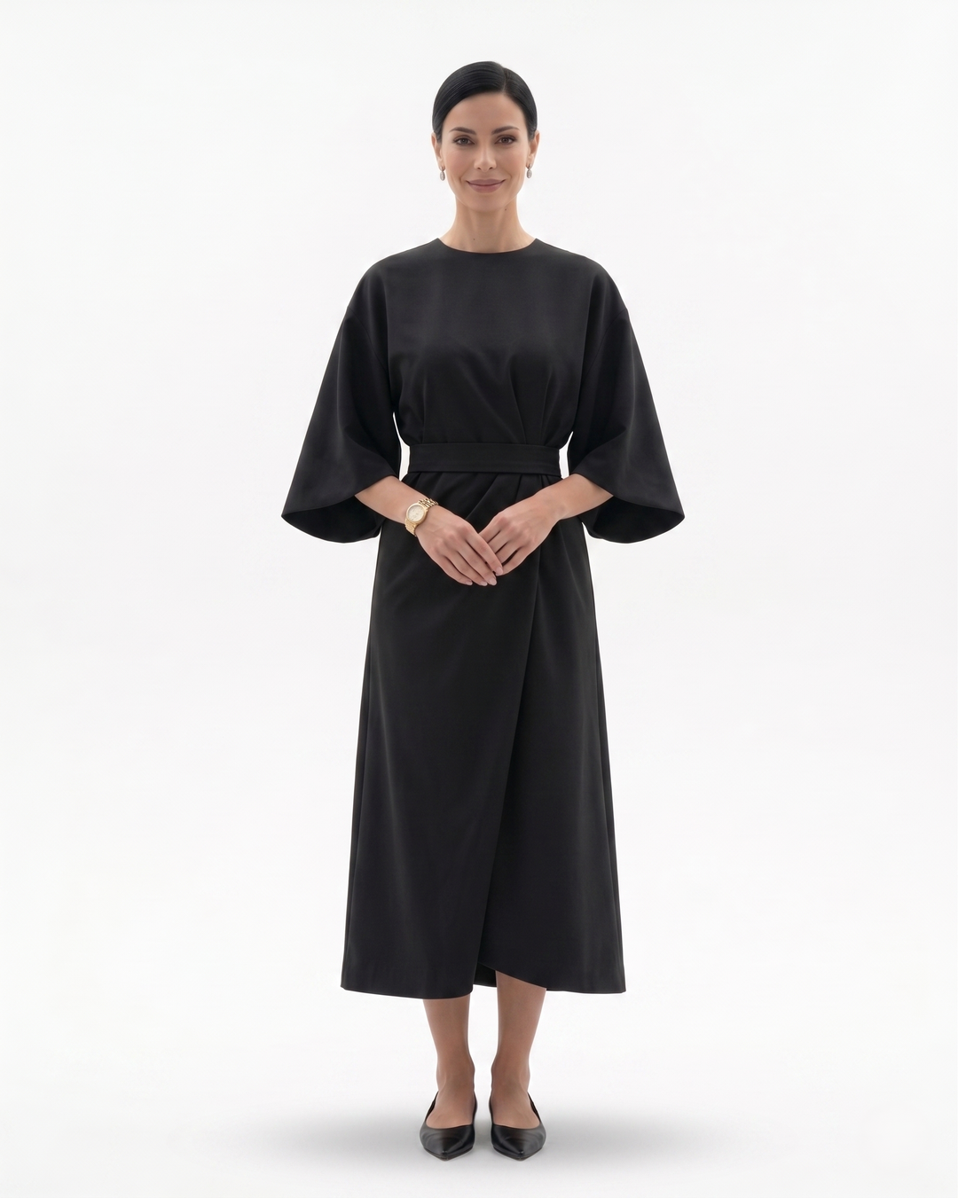 Womens Midi Dress with Batwing Sleeves and Belted Waist