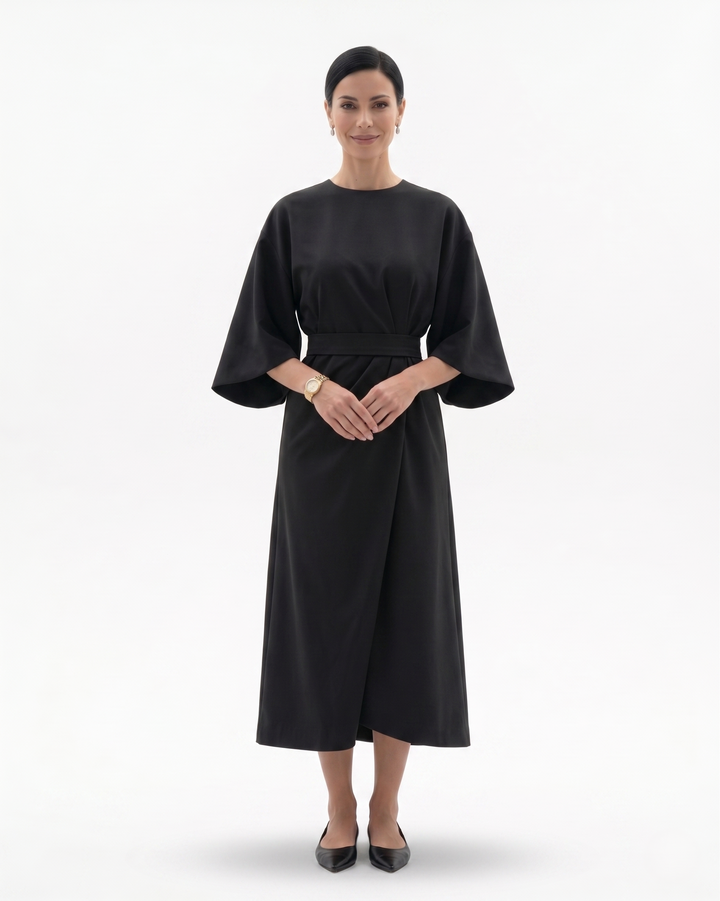 Womens Midi Dress with Batwing Sleeves and Belted Waist