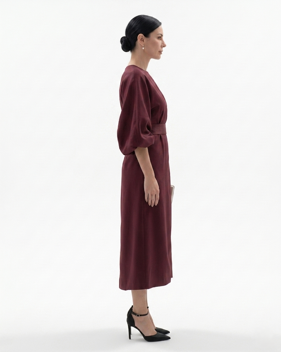 Womens Midi Dress with Batwing Sleeves and Belted Waist