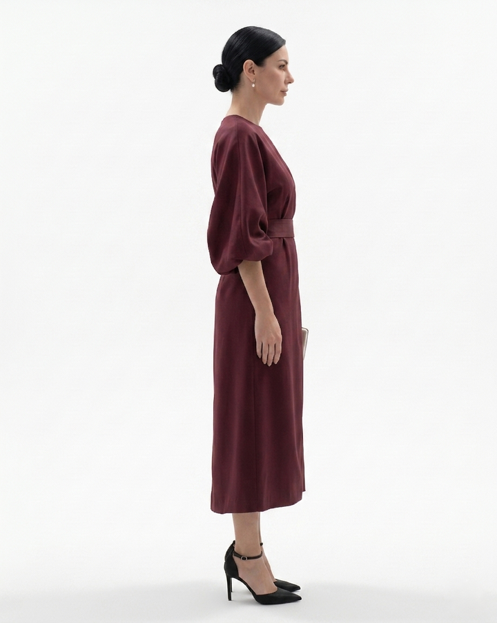 Womens Midi Dress with Batwing Sleeves and Belted Waist