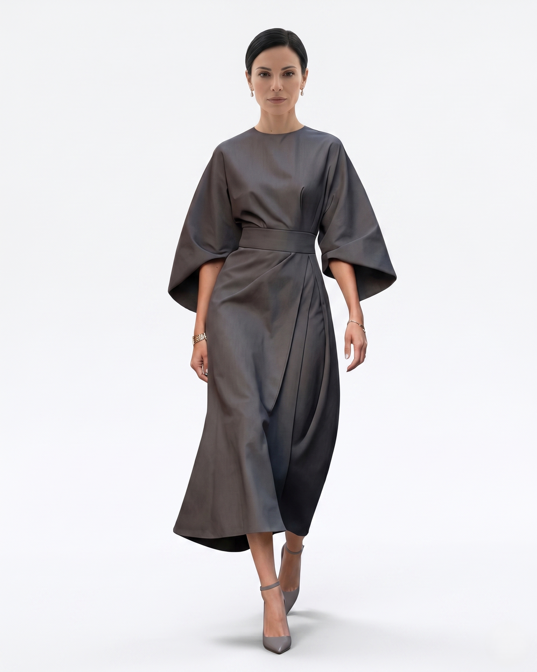 Womens Midi Dress with Batwing Sleeves and Belted Waist