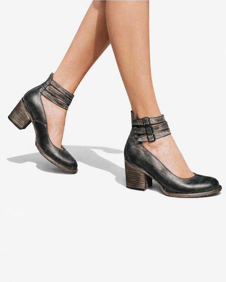 Womens Leather Pumps with Block Heel - Clovrio