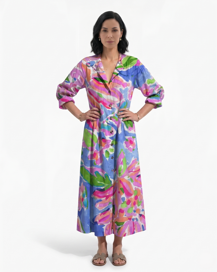 Womens Maxi Dress Button Front Printed