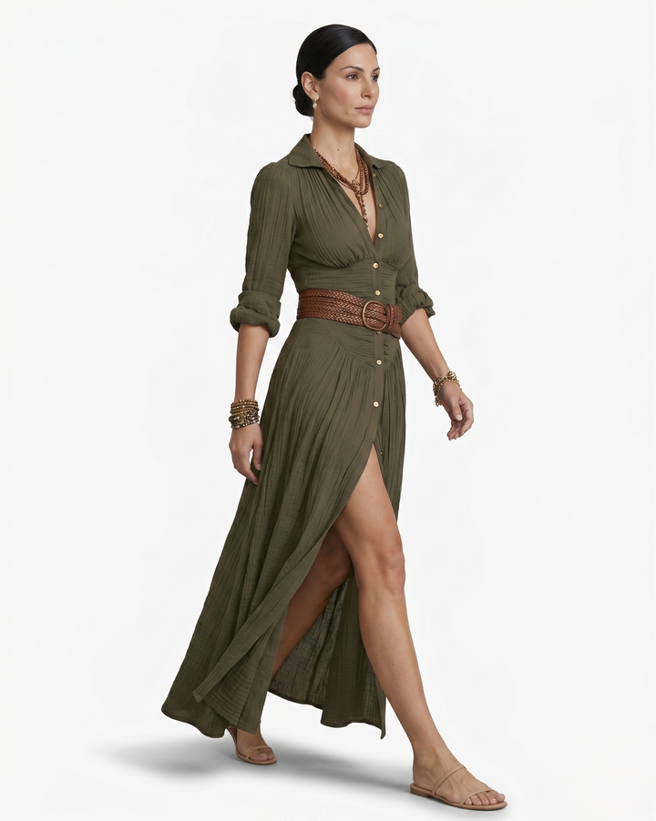 Womens Maxi Dress with Collar and Button Front