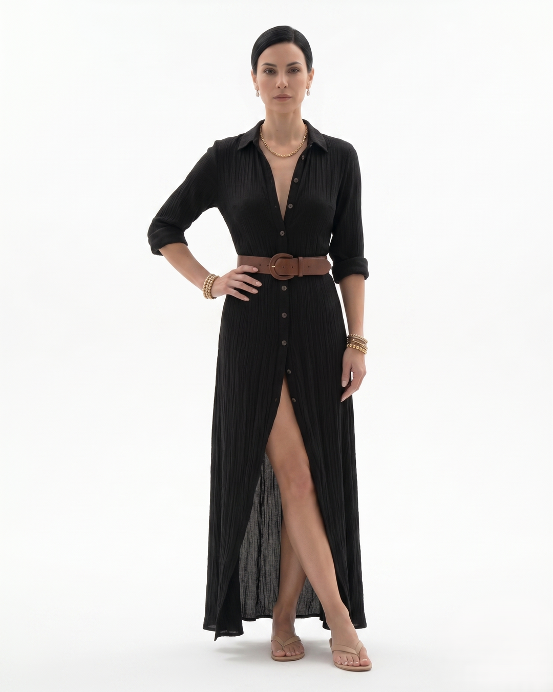 Womens Maxi Dress with Collar and Button Front