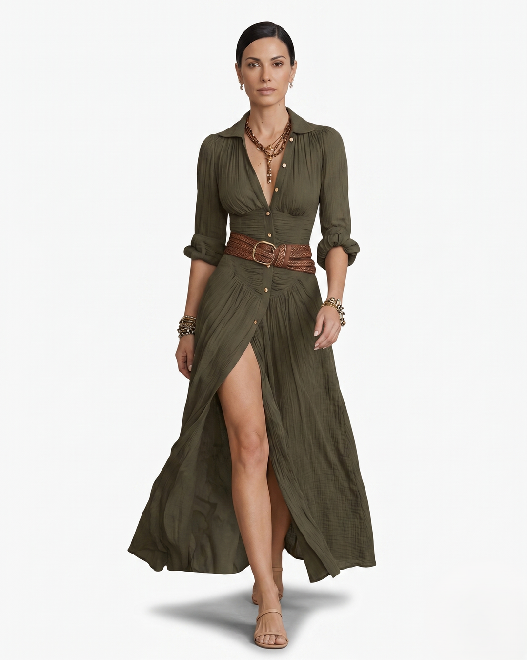 Womens Maxi Dress with Collar and Button Front