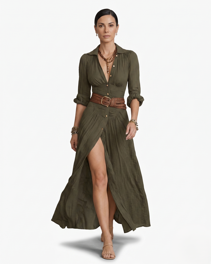 Womens Maxi Dress with Collar and Button Front