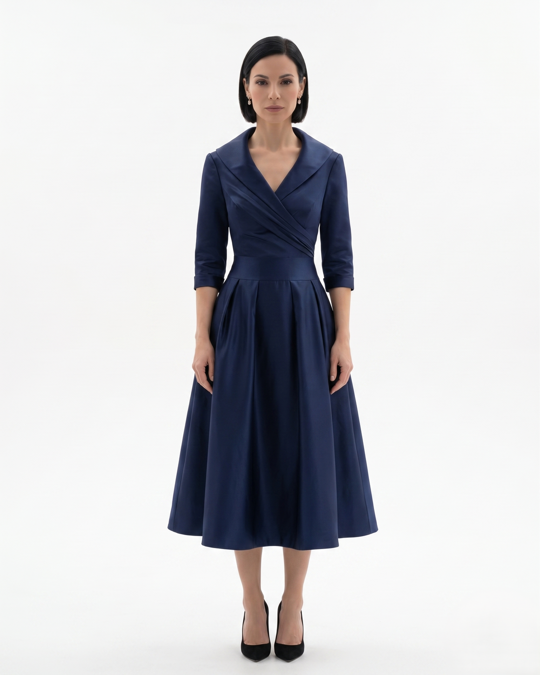 Womens Midi Dress with Collar Pleated Design - Clovrio