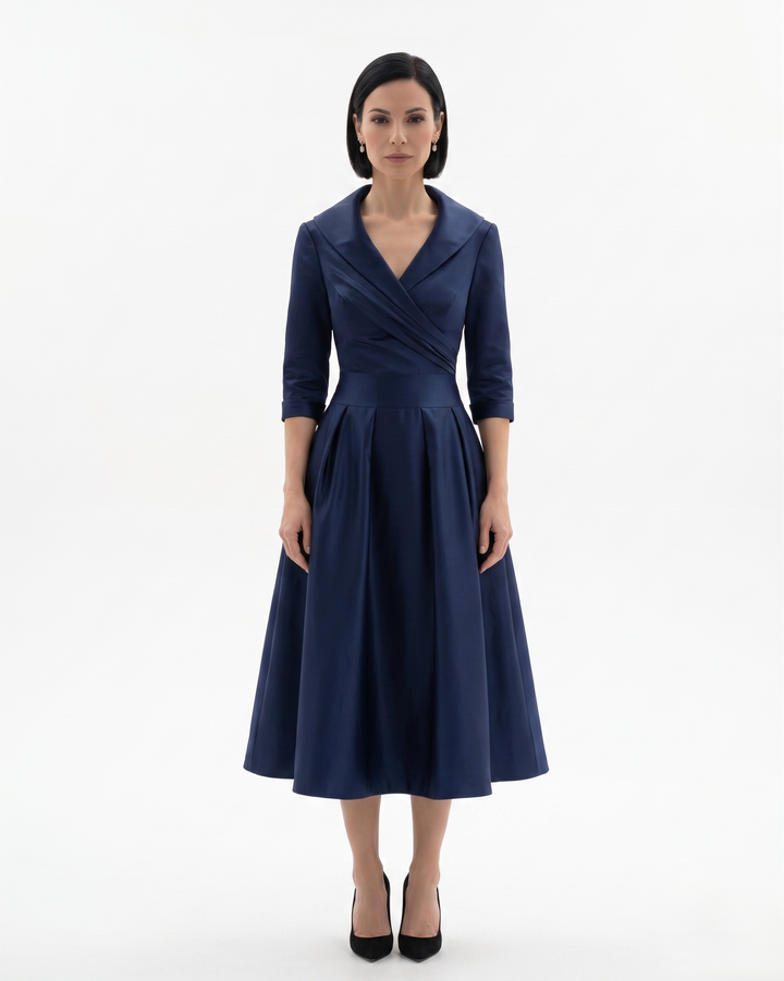 Womens Midi Dress with Collar Pleated Design - Clovrio