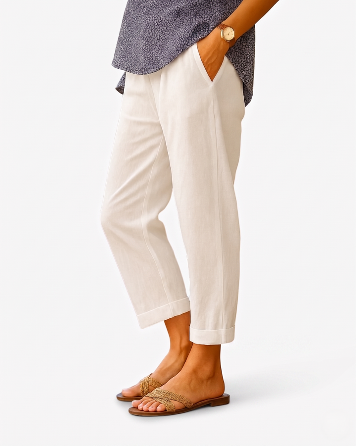 Womens Cropped Trousers Linen Blend Relaxed Fit