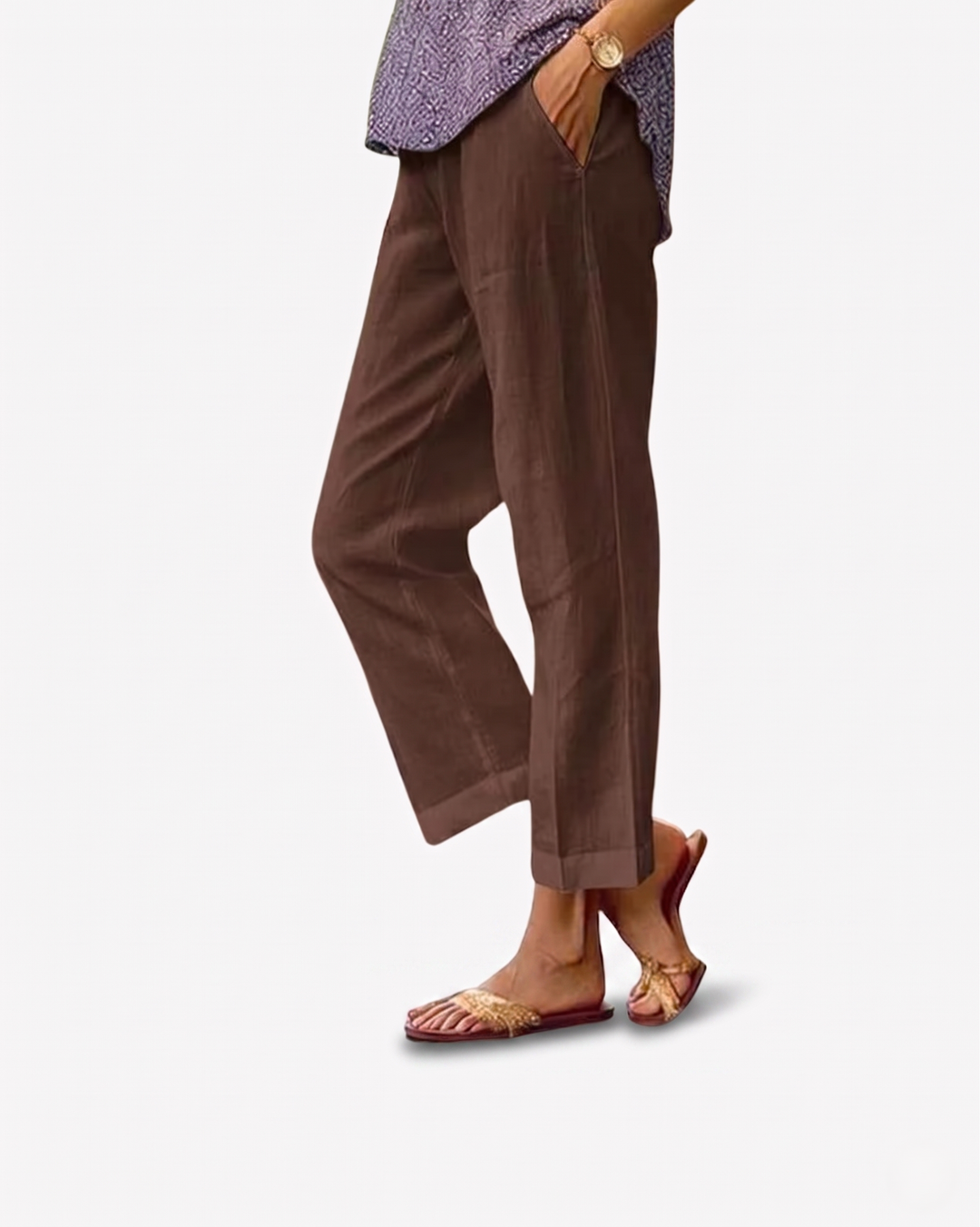 Womens Cropped Trousers Linen Blend Relaxed Fit