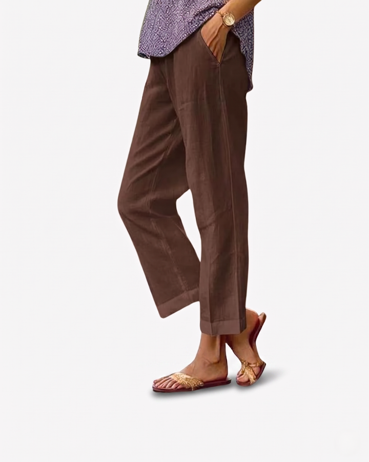 Womens Cropped Trousers Linen Blend Relaxed Fit