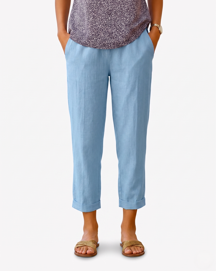 Womens Cropped Trousers Linen Blend Relaxed Fit
