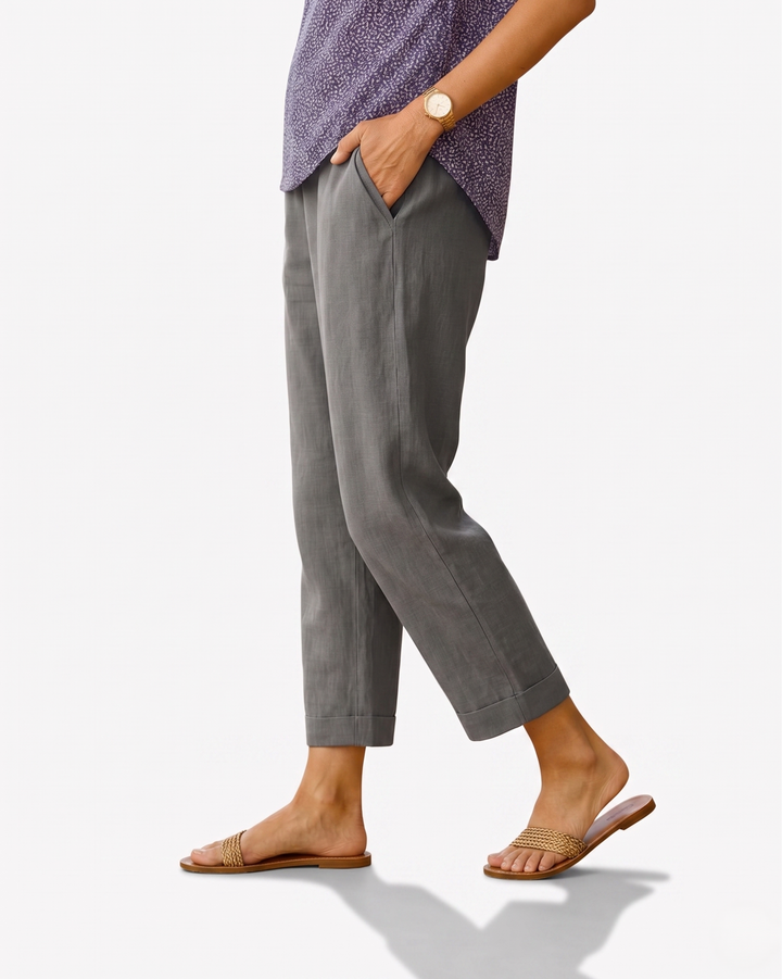 Womens Cropped Trousers Linen Blend Relaxed Fit