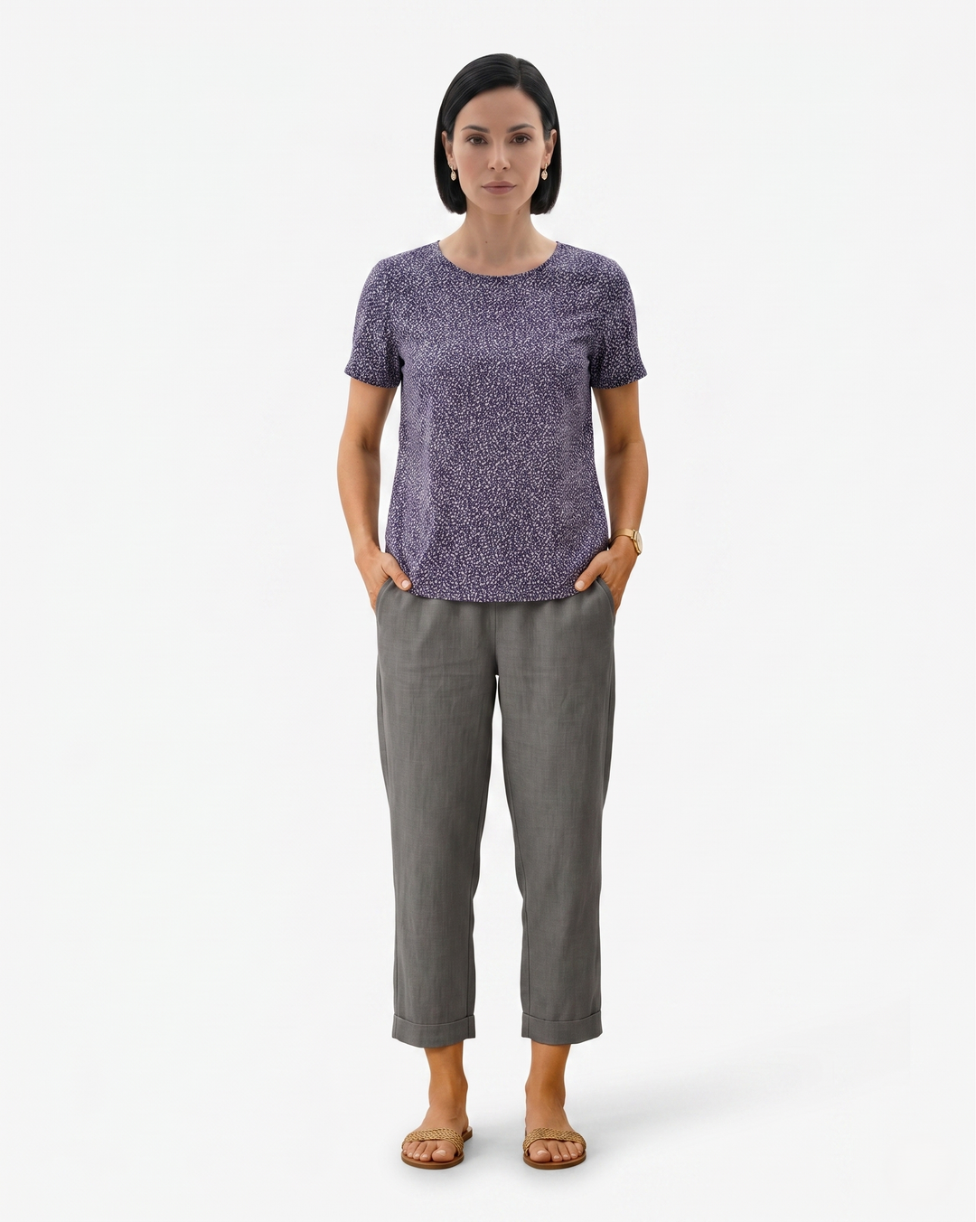 Womens Cropped Trousers Linen Blend Relaxed Fit