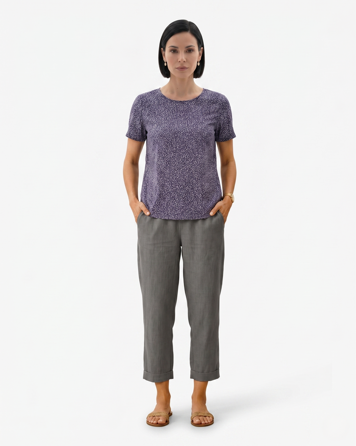 Womens Cropped Trousers Linen Blend Relaxed Fit