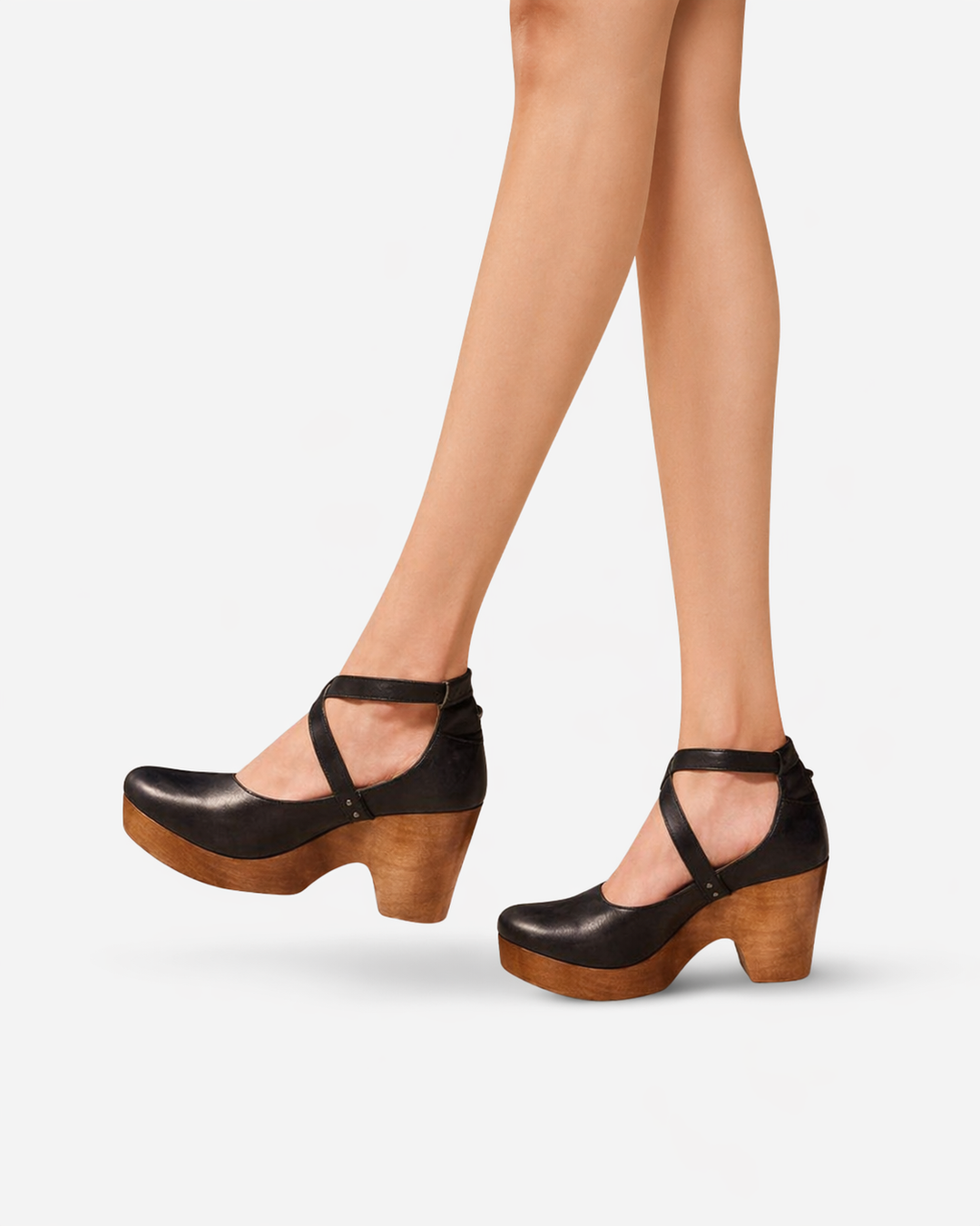 Womens Leather Clog Heels with Cross Strap