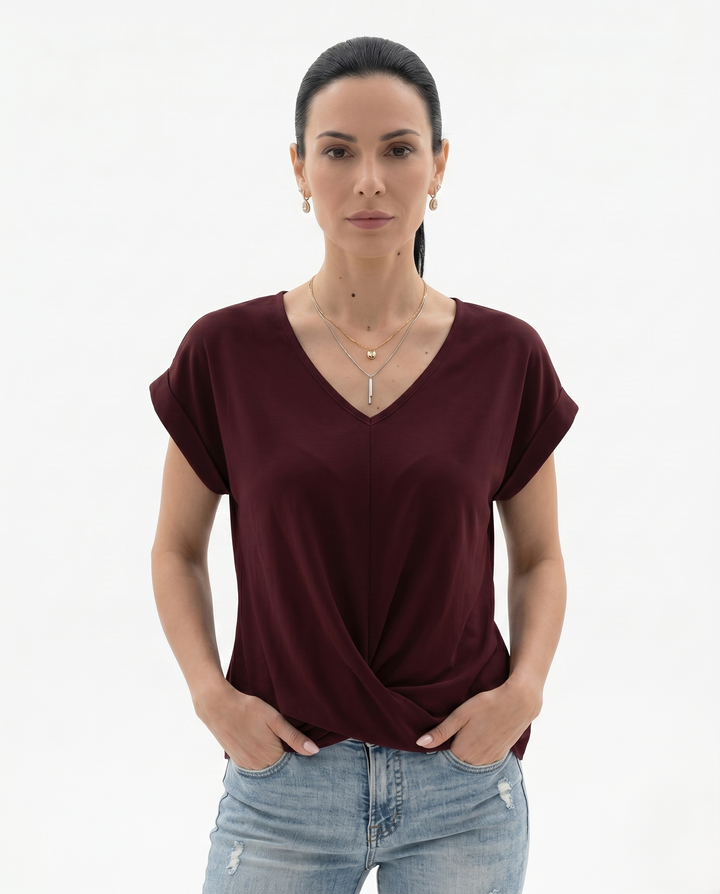 Womens Draped Blouse with V-Neck and Twist Front