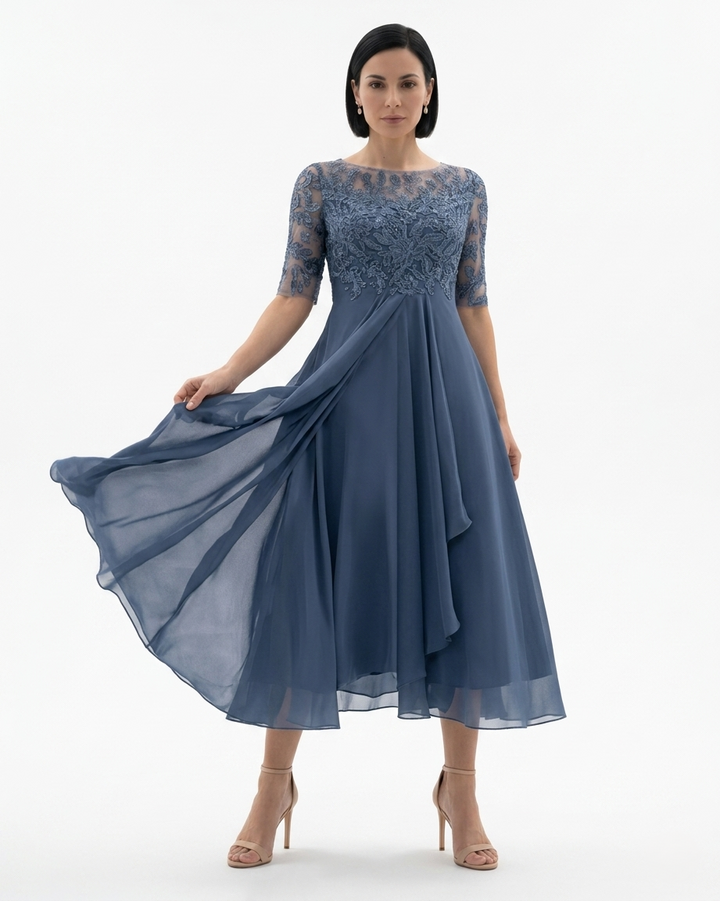 Womens Midi Dress Embroidered Lace Chiffon - Clovrio