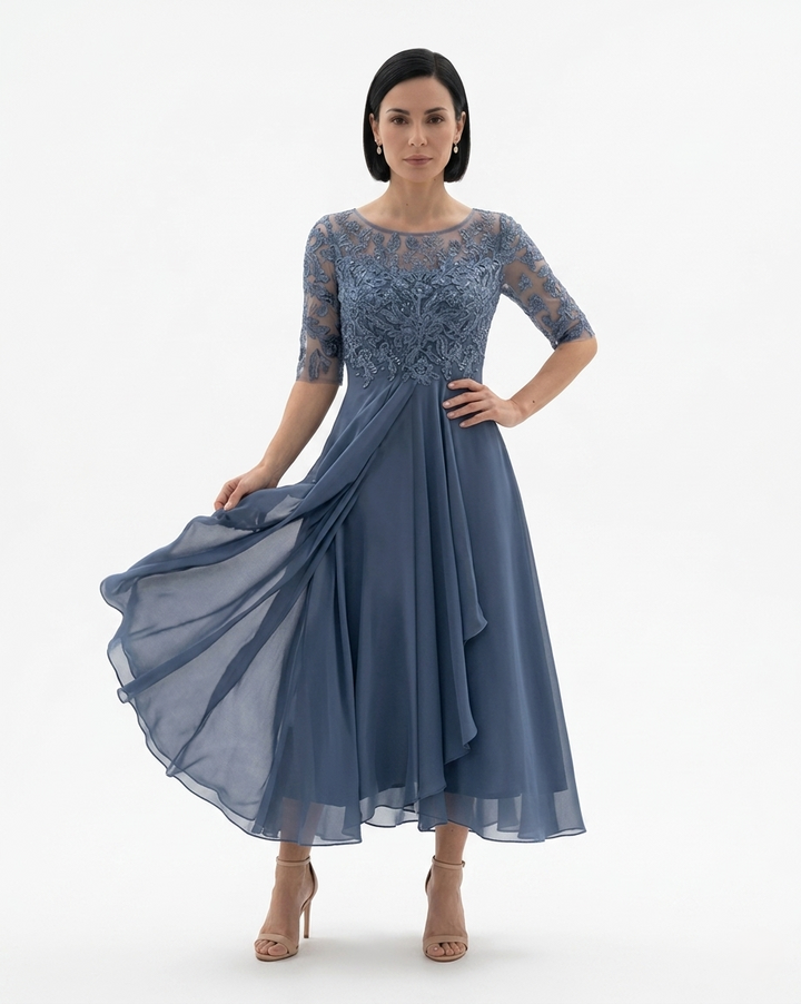 Womens Midi Dress Embroidered Lace Chiffon