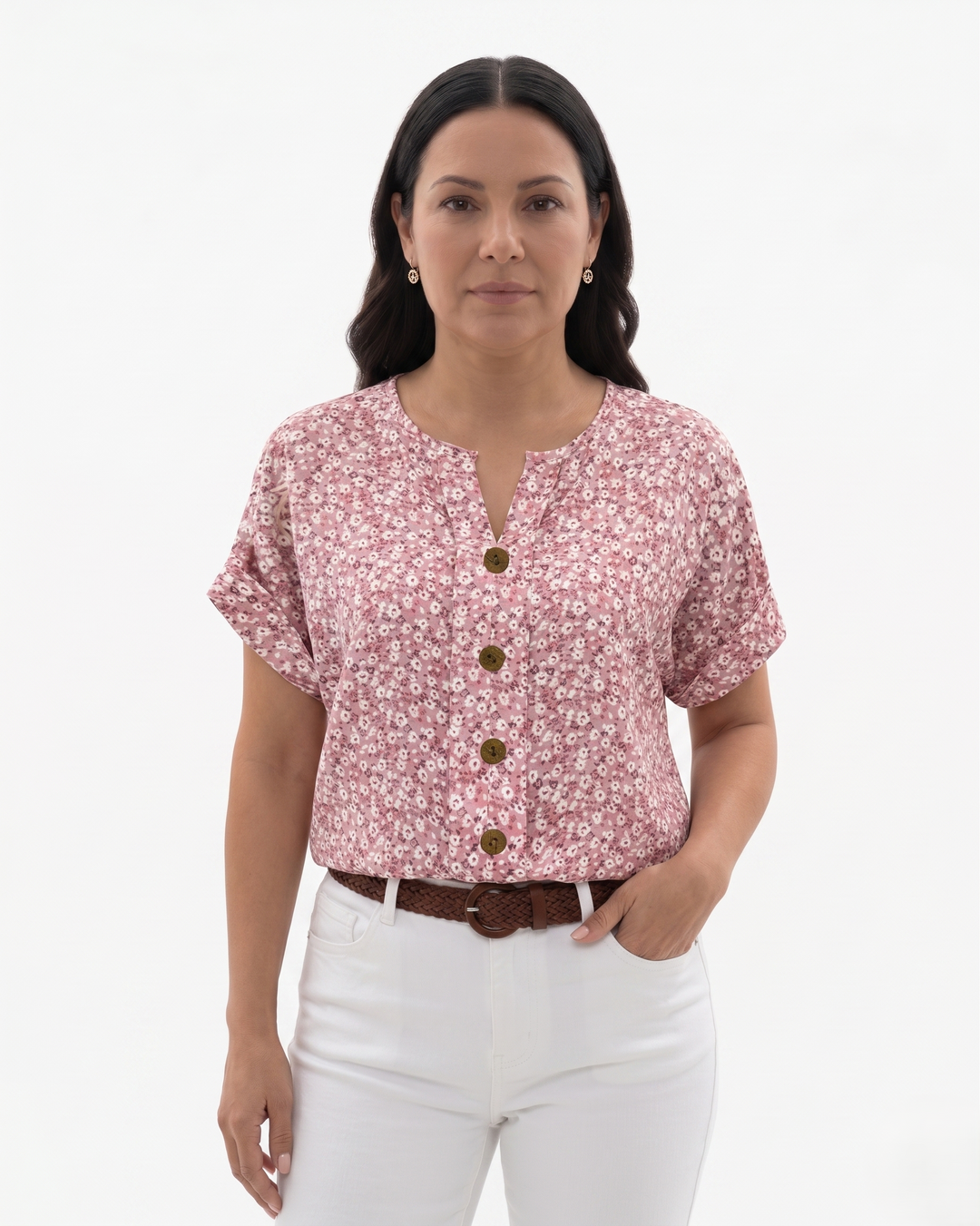 Womens Blouse Notch Neck Floral Pattern