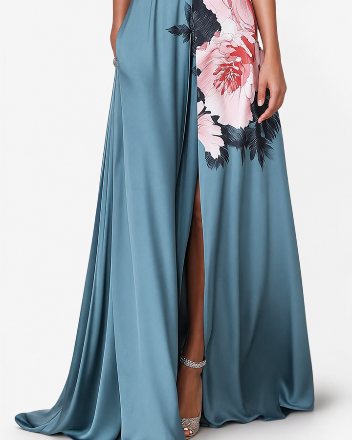 Womens Satin Maxi Dress with Floral Panel
