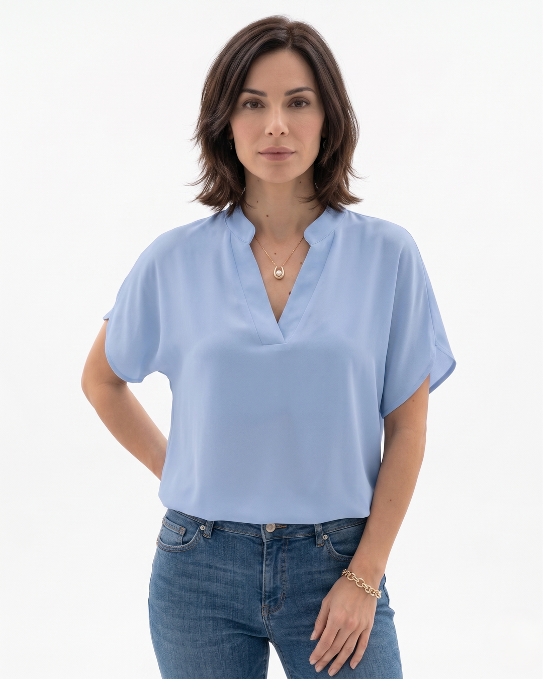 Womens Blouse Fluid Crepe V-Neck - Clovrio
