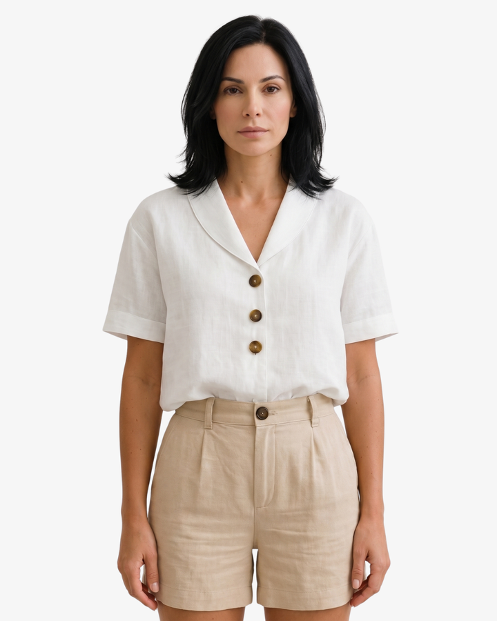 Womens Button Blouse Linen Blend Relaxed Fit