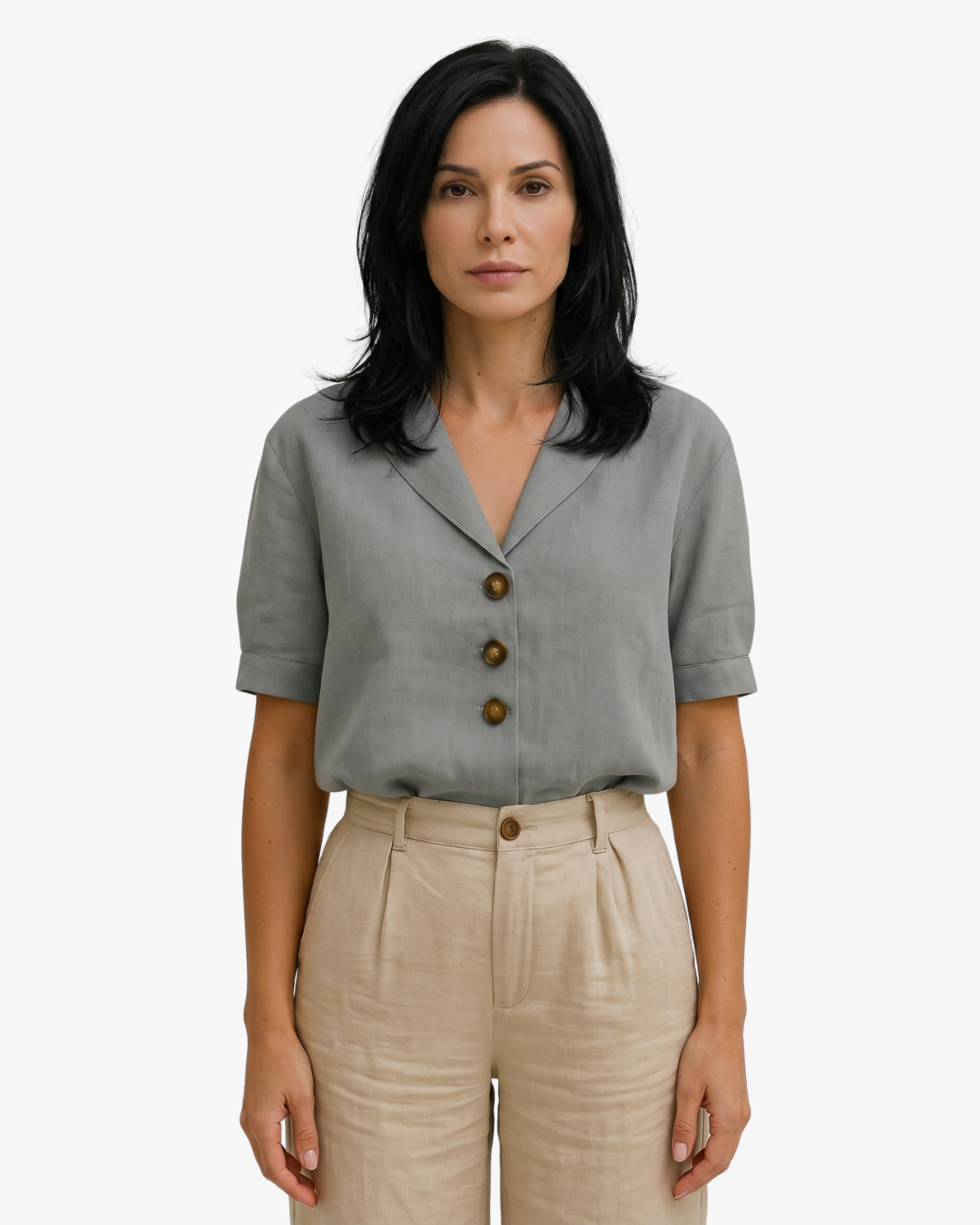 Womens Button Blouse Linen Blend Relaxed Fit