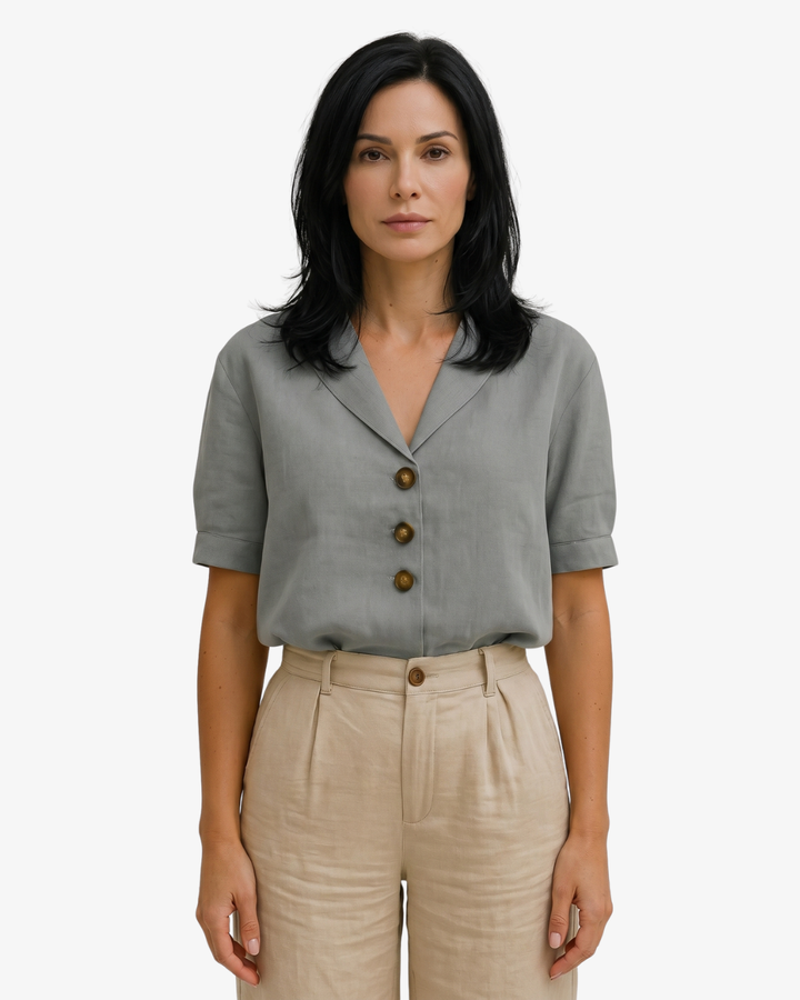 Womens Button Blouse Linen Blend Relaxed Fit