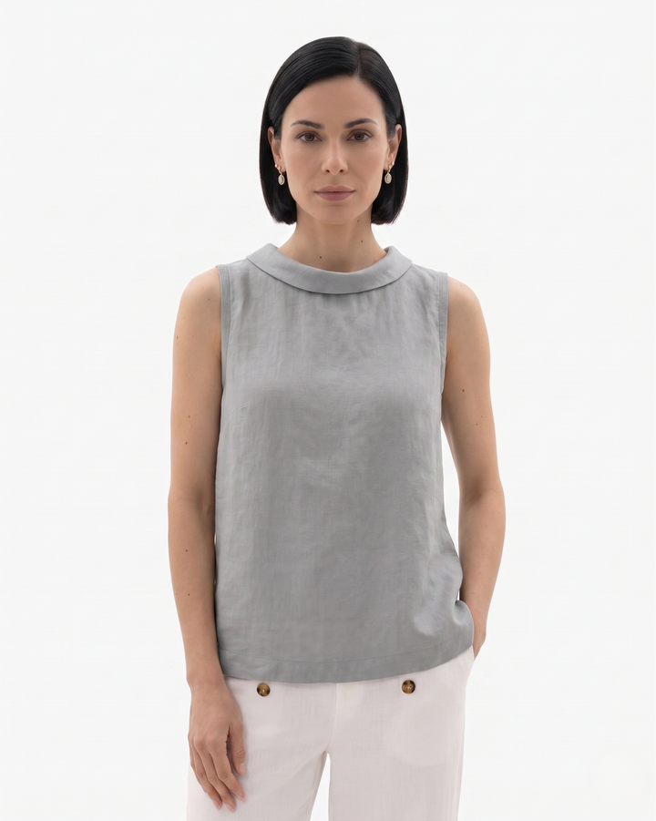 Womens Roll Collar Top Linen Blend Relaxed Fit