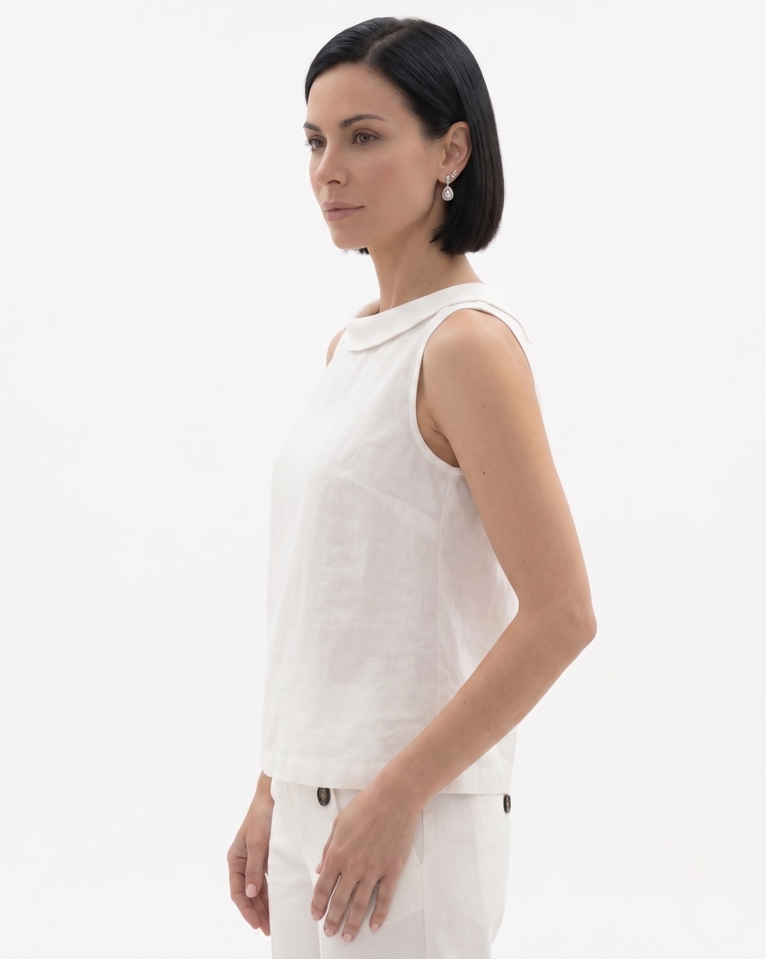 Womens Roll Collar Top Linen Blend Relaxed Fit