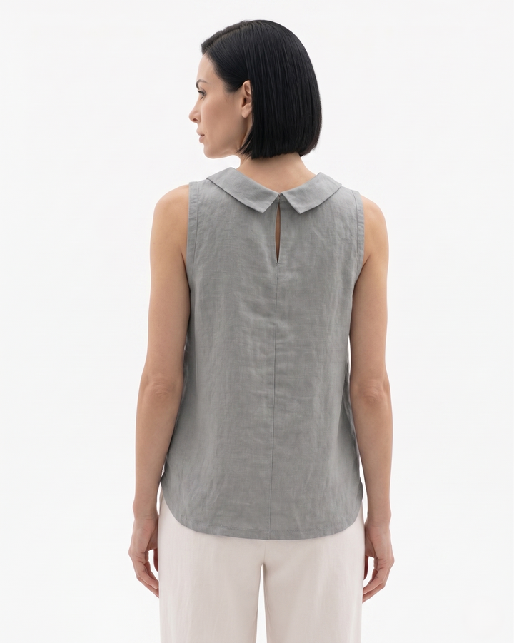 Womens Roll Collar Top Linen Blend Relaxed Fit