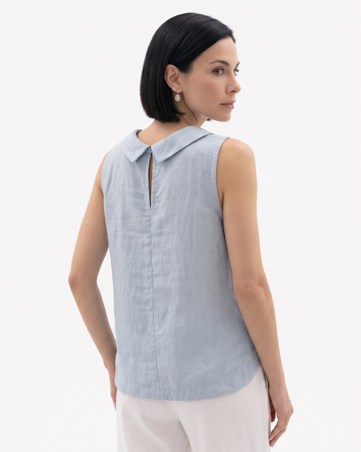 Womens Roll Collar Top Linen Blend Relaxed Fit