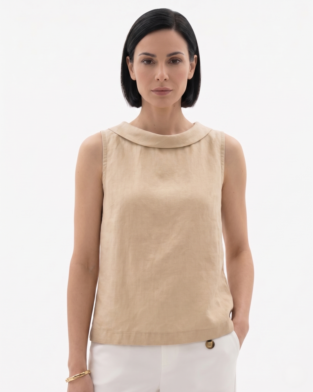 Womens Roll Collar Top Linen Blend Relaxed Fit - Clovrio