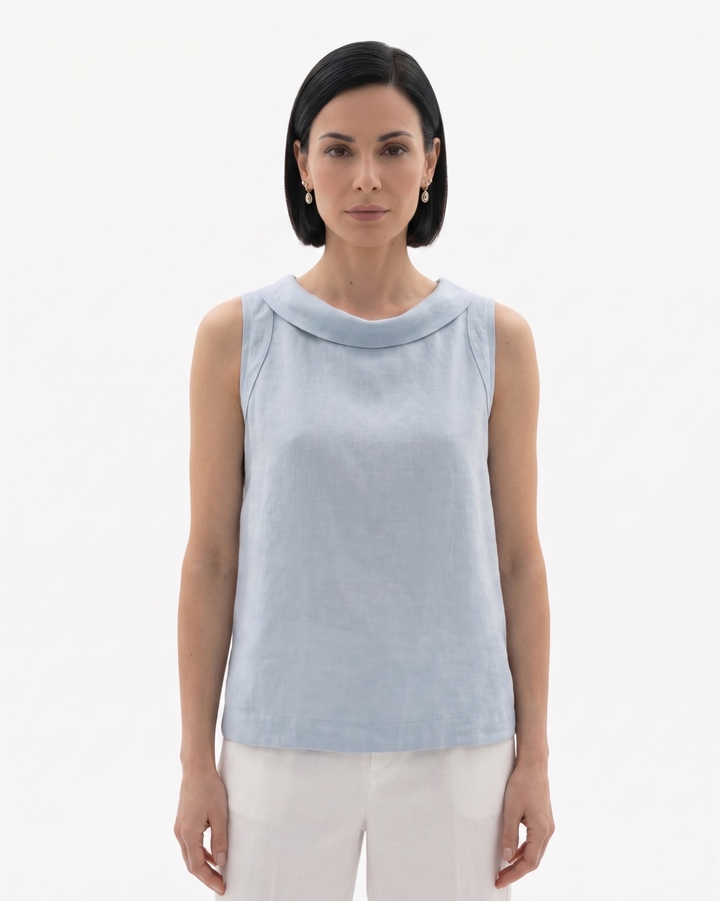 Womens Roll Collar Top Linen Blend Relaxed Fit