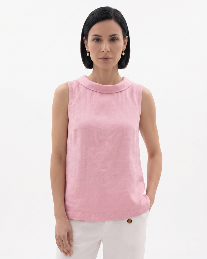 Womens Roll Collar Top Linen Blend Relaxed Fit