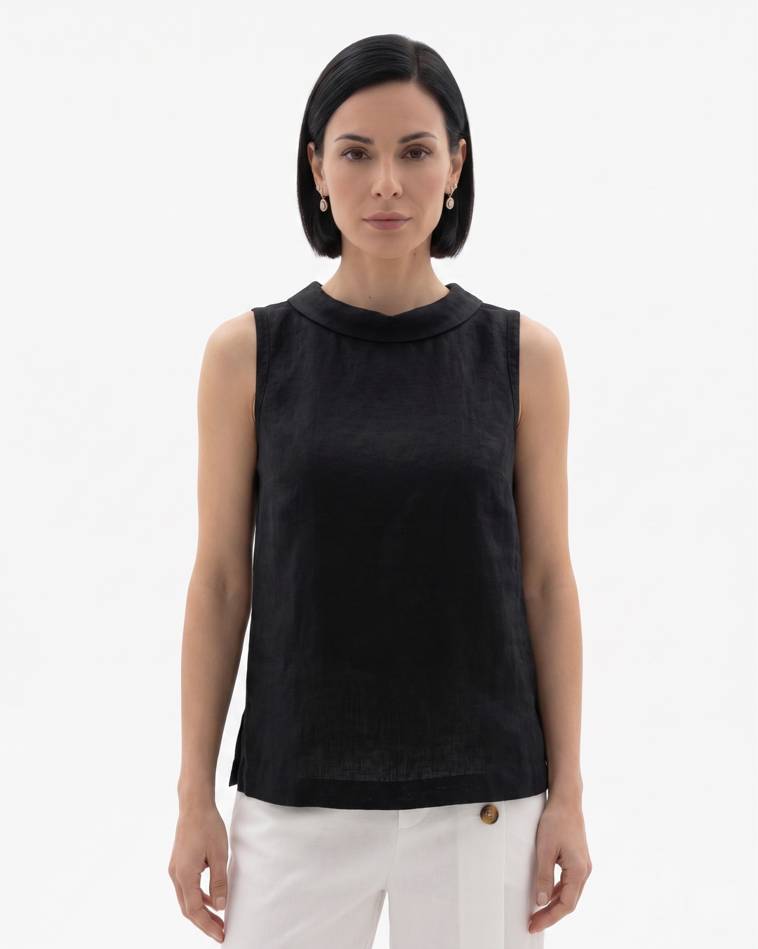 Womens Roll Collar Top Linen Blend Relaxed Fit