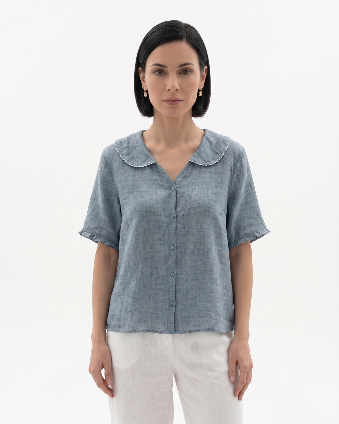 Womens Linen Blouse with Peter Pan Collar