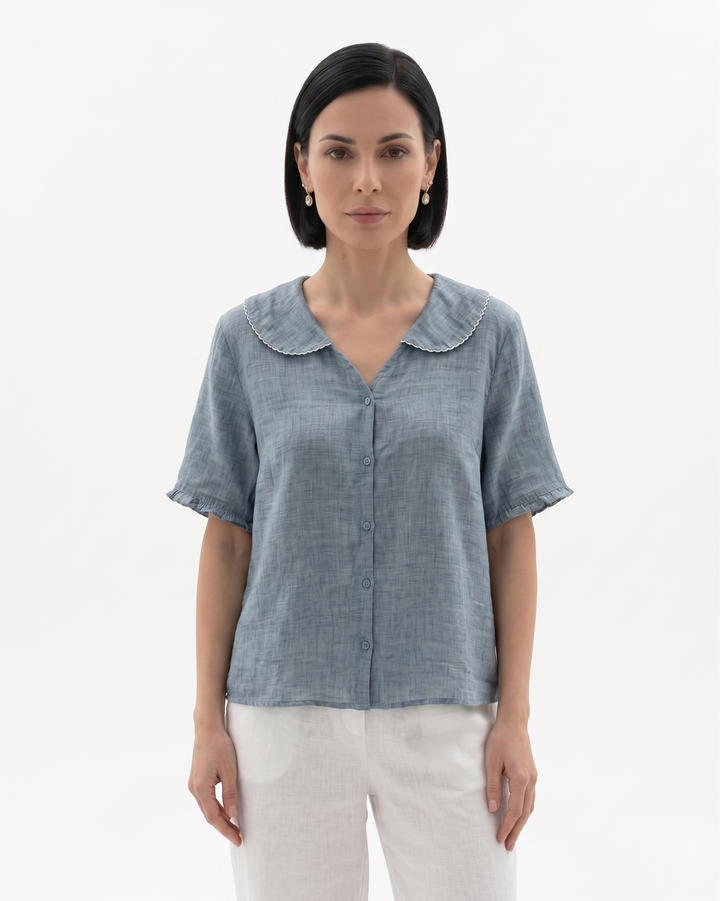 Womens Linen Blouse with Peter Pan Collar