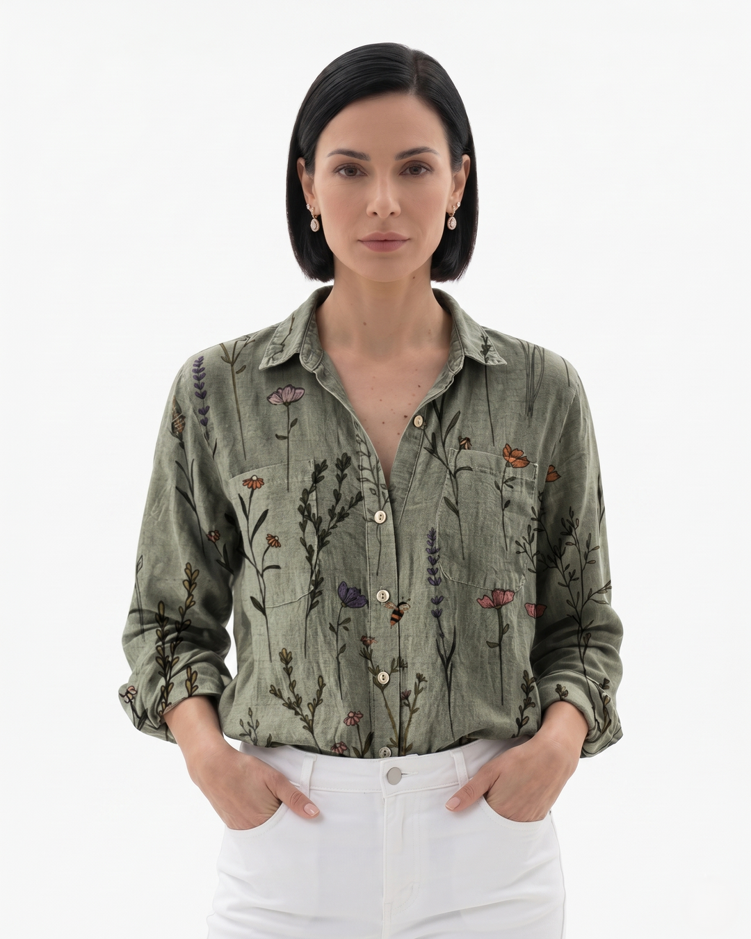 Womens Button-Through Blouse Patterned Relaxed Fit