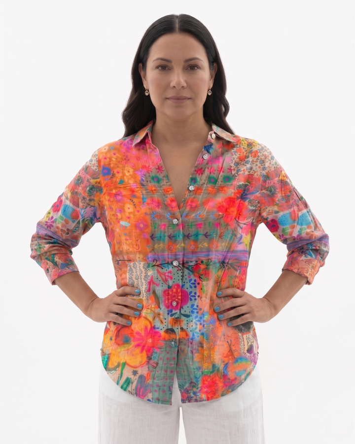 Womens Button-Through Blouse Printed Relaxed Fit