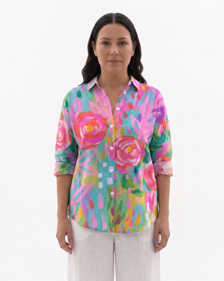 Womens Button-Through Blouse Printed Relaxed Fit - Clovrio