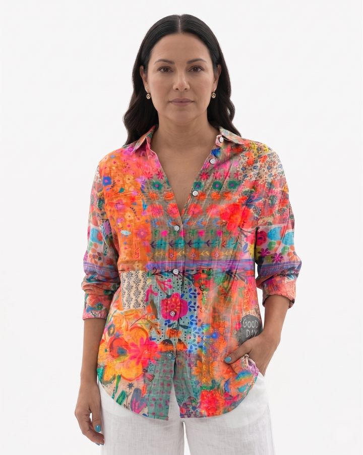 Womens Button-Through Blouse Printed Relaxed Fit